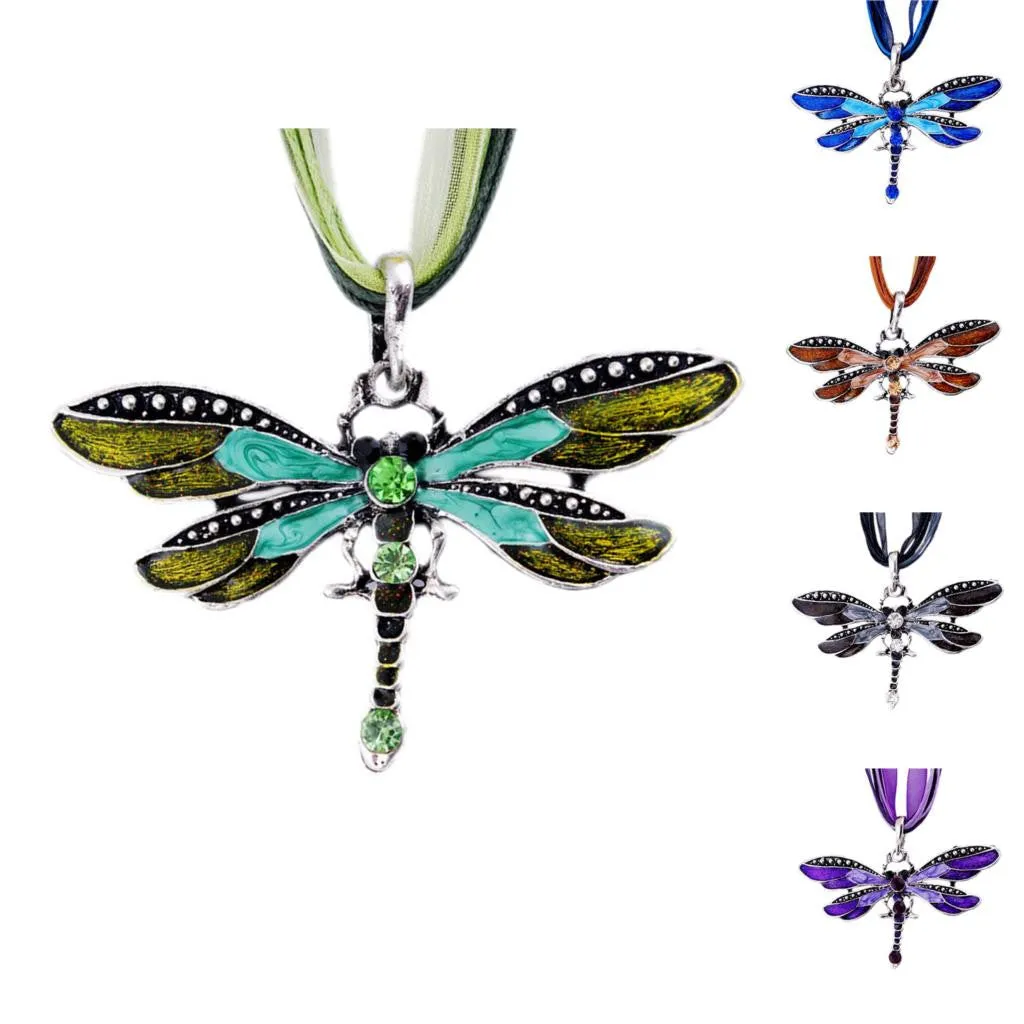 Fashion women Antique Dragonfly Crystal Pendant Necklace Chain Jewelry