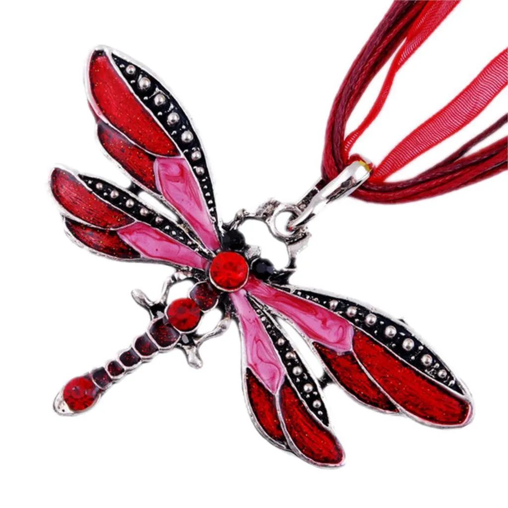 Fashion women Antique Dragonfly Crystal Pendant Necklace Chain Jewelry