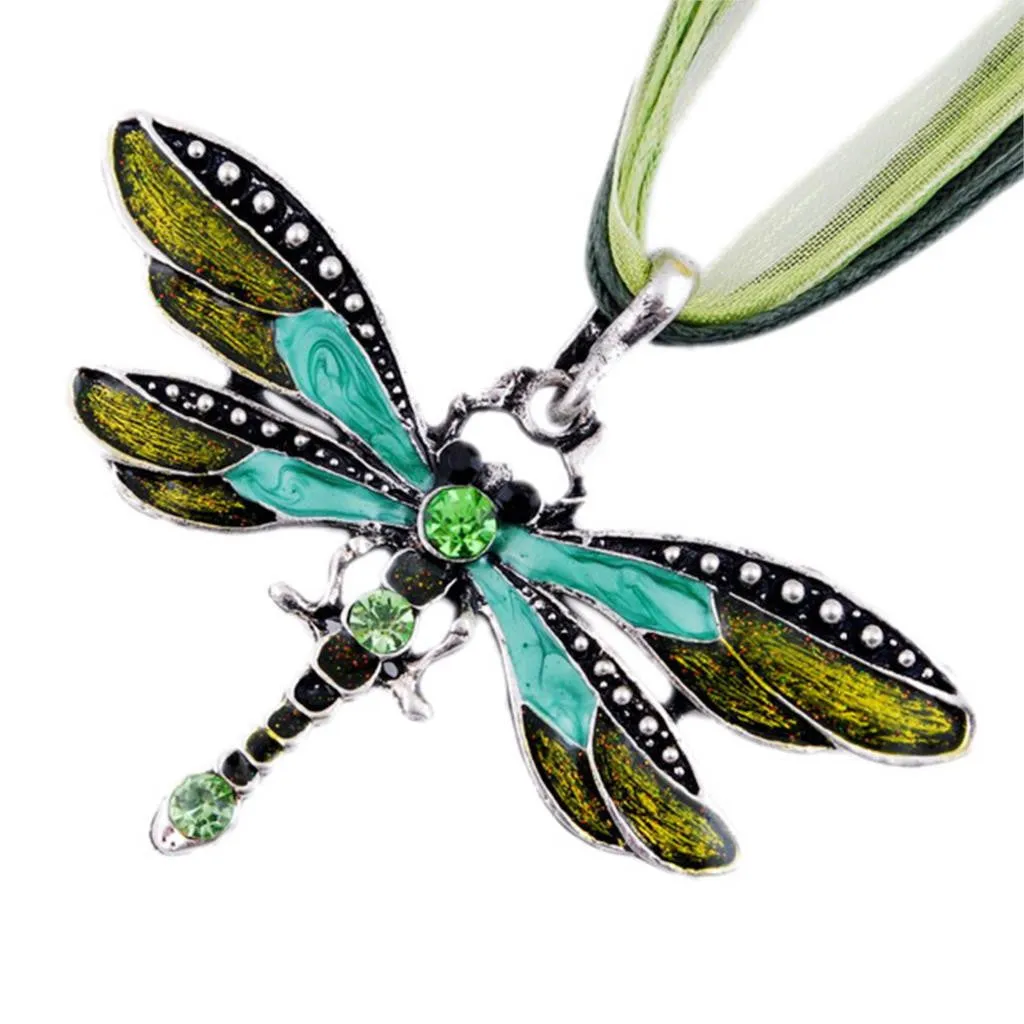 Fashion women Antique Dragonfly Crystal Pendant Necklace Chain Jewelry