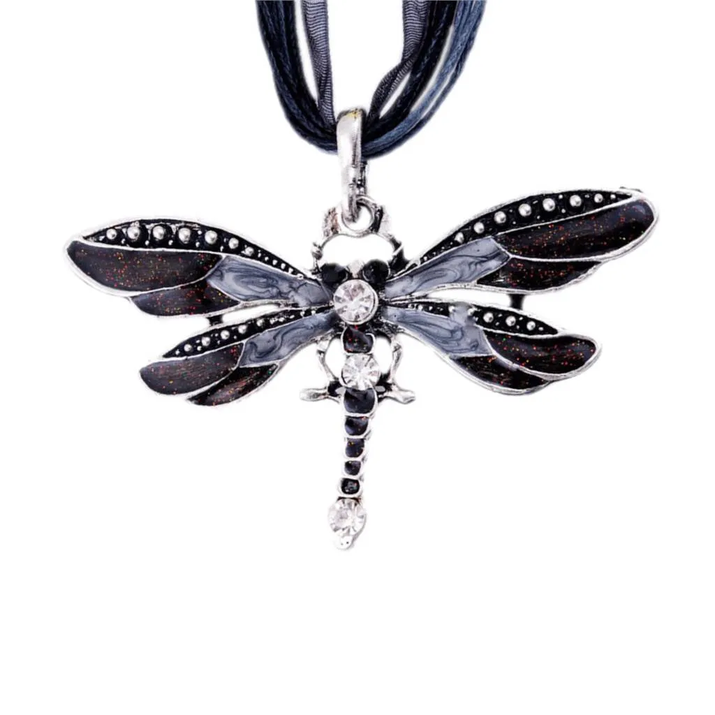 Fashion women Antique Dragonfly Crystal Pendant Necklace Chain Jewelry