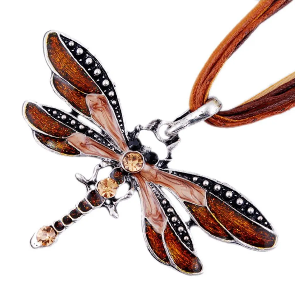 Fashion women Antique Dragonfly Crystal Pendant Necklace Chain Jewelry