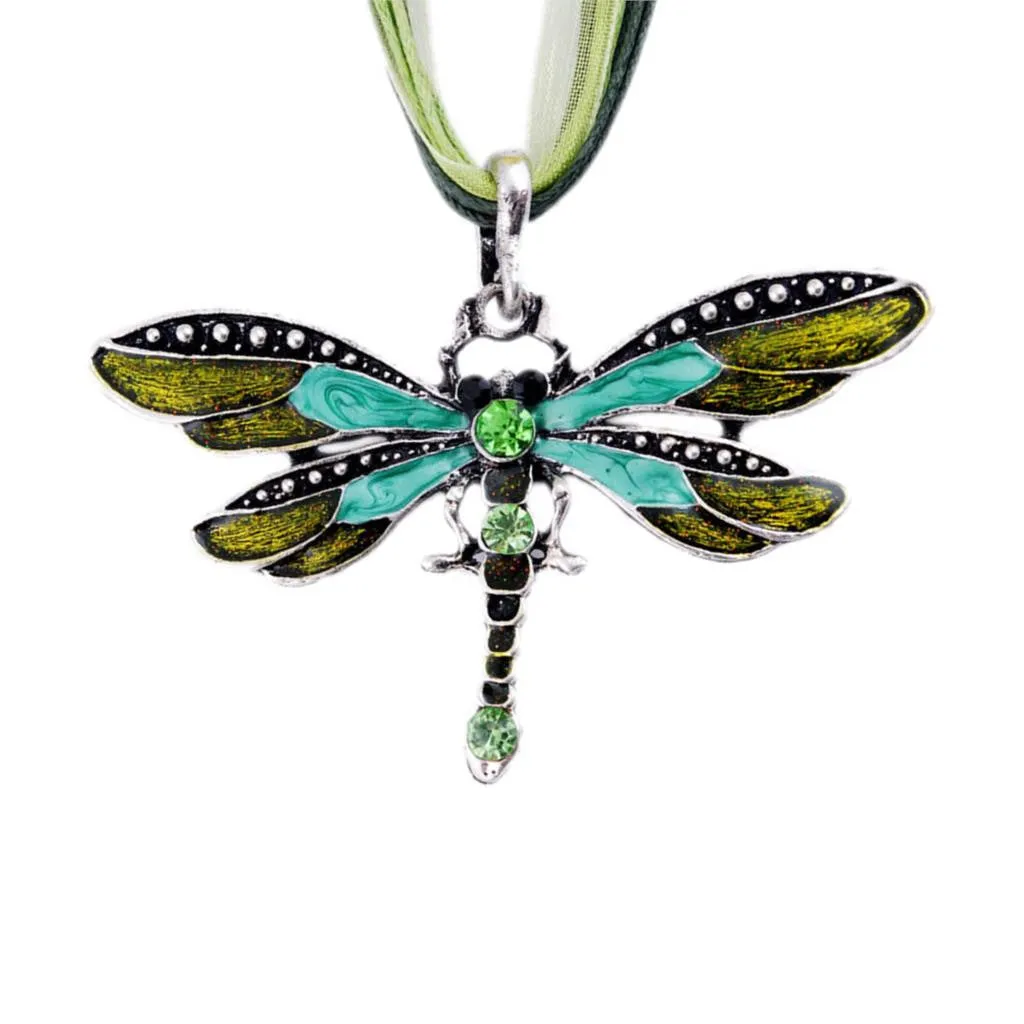 Fashion women Antique Dragonfly Crystal Pendant Necklace Chain Jewelry