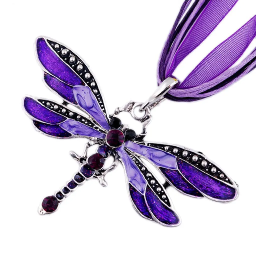 Fashion women Antique Dragonfly Crystal Pendant Necklace Chain Jewelry