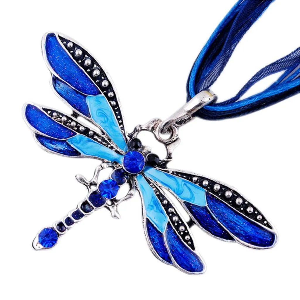 Fashion women Antique Dragonfly Crystal Pendant Necklace Chain Jewelry