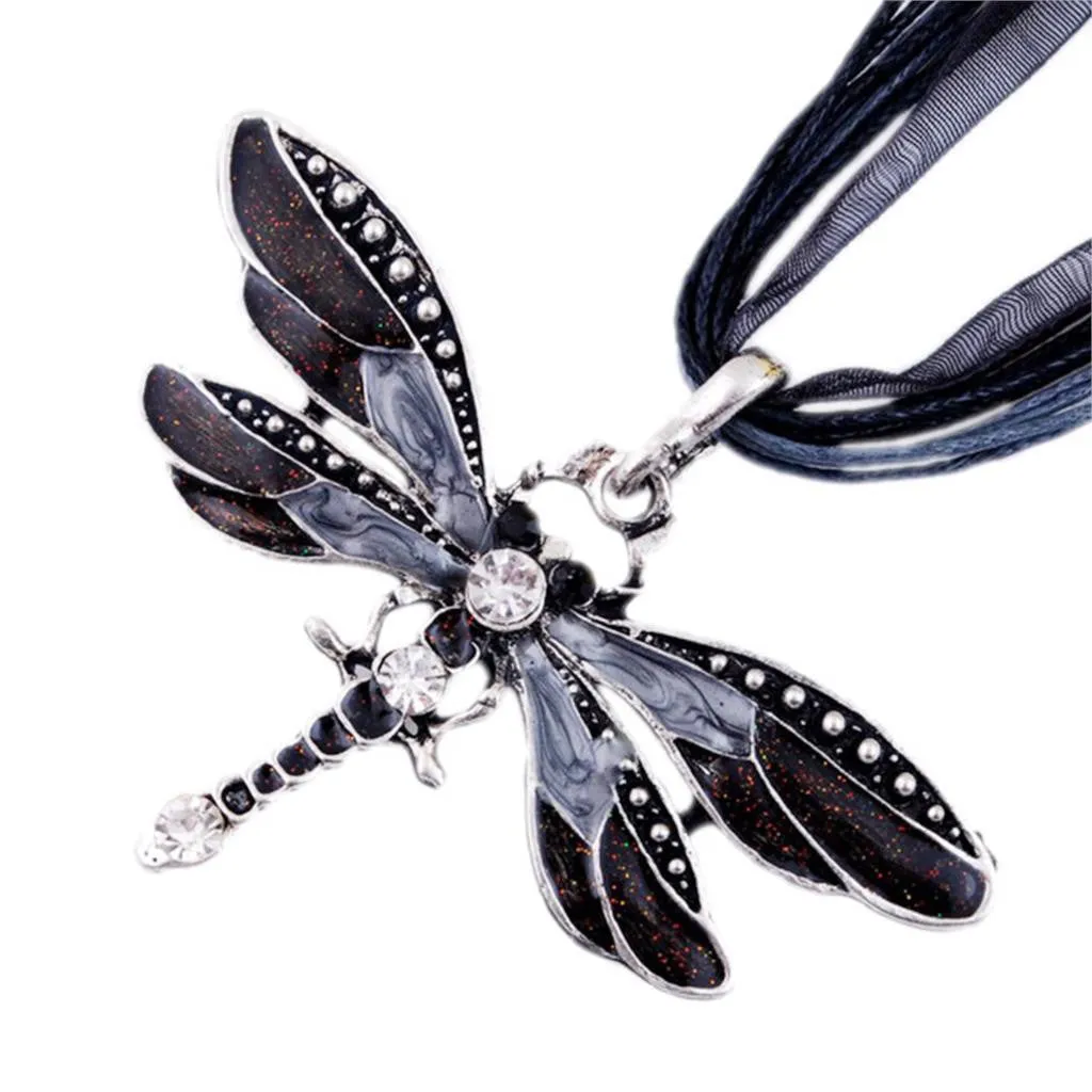 Fashion women Antique Dragonfly Crystal Pendant Necklace Chain Jewelry