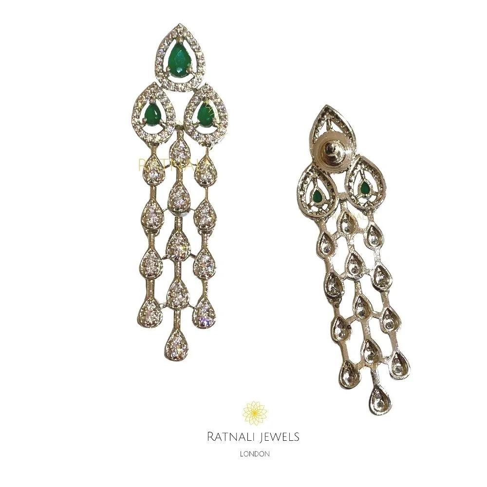 Faux Emerald & Diamond Earrings in Metal Alloy