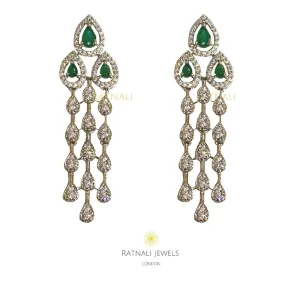 Faux Emerald & Diamond Earrings in Metal Alloy