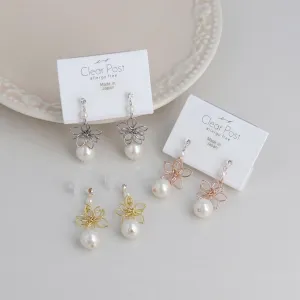 Flower and Pearl Drop Plastic Earrings