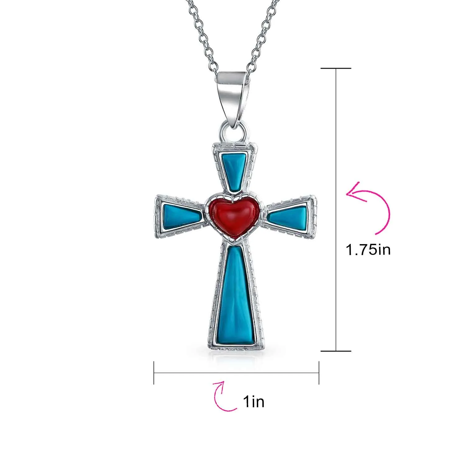 Gemstone Rope Edge Red Heart Cross Pendant Sterling Silver Necklace