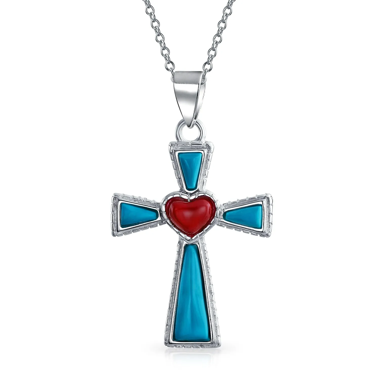 Gemstone Rope Edge Red Heart Cross Pendant Sterling Silver Necklace