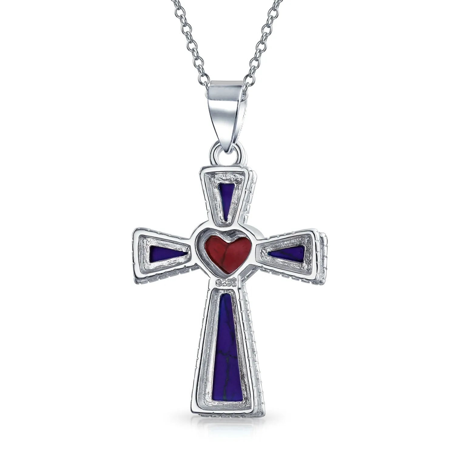 Gemstone Rope Edge Red Heart Cross Pendant Sterling Silver Necklace