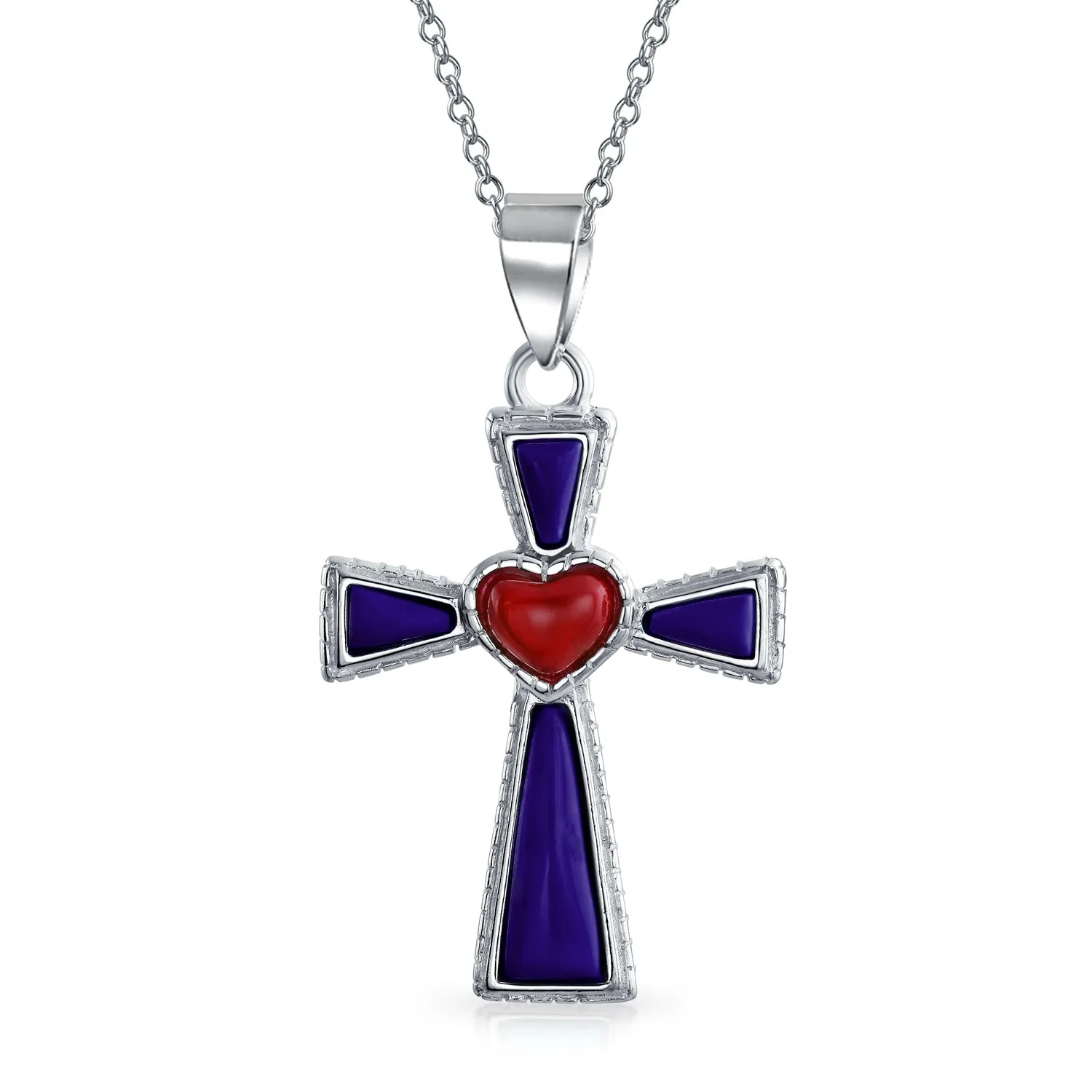 Gemstone Rope Edge Red Heart Cross Pendant Sterling Silver Necklace