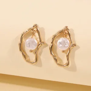 Gold Abstract Frame Earrings with Faux Pearl Drop-jlt11747