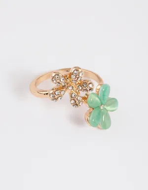 Gold Diamante & Cats Eye Flower Ring