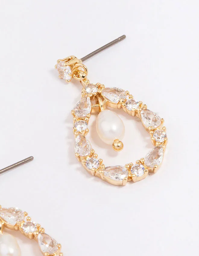 Gold Plated Marquise Encased Pearl Drop Earrings