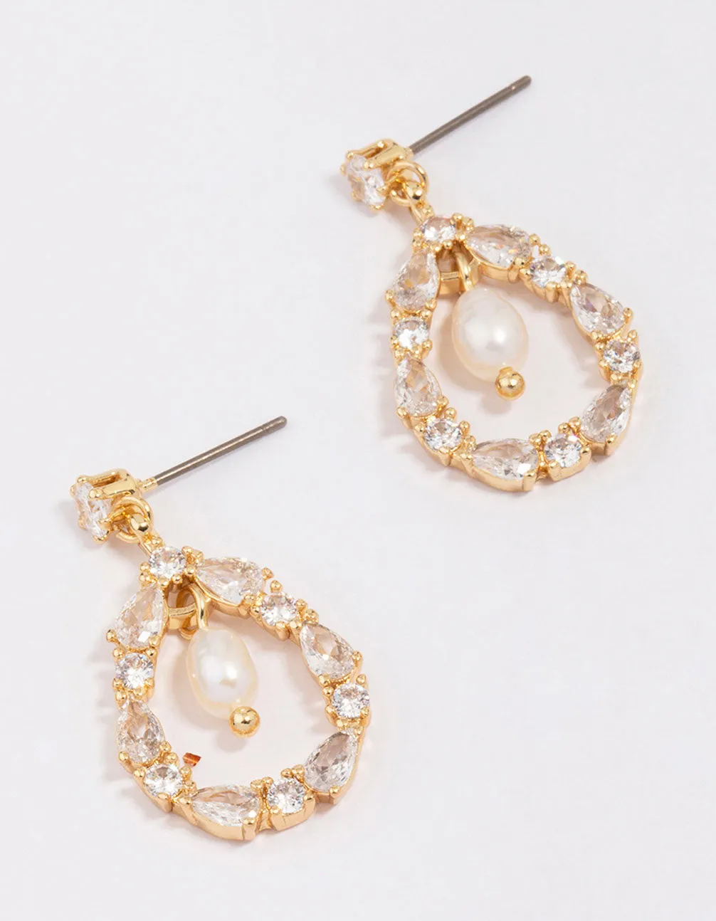 Gold Plated Marquise Encased Pearl Drop Earrings