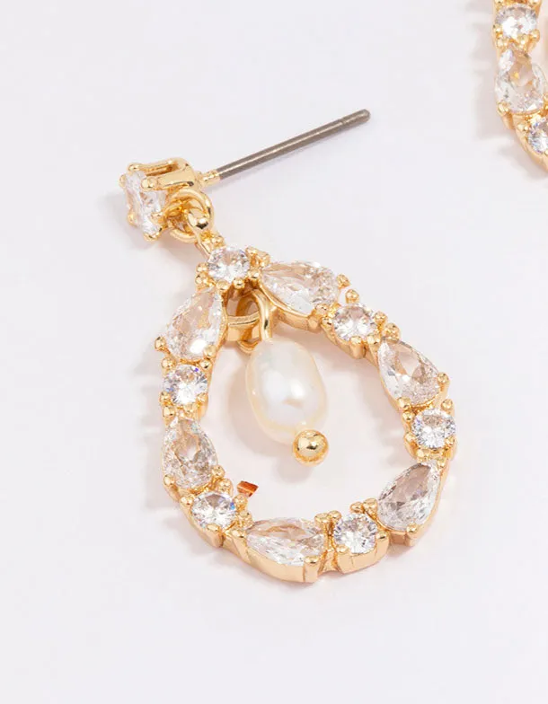 Gold Plated Marquise Encased Pearl Drop Earrings