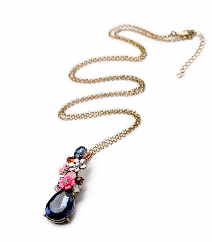 Hot Sale Costume Exquisite Small Flower Drops of Water Long Birthstone Necklace