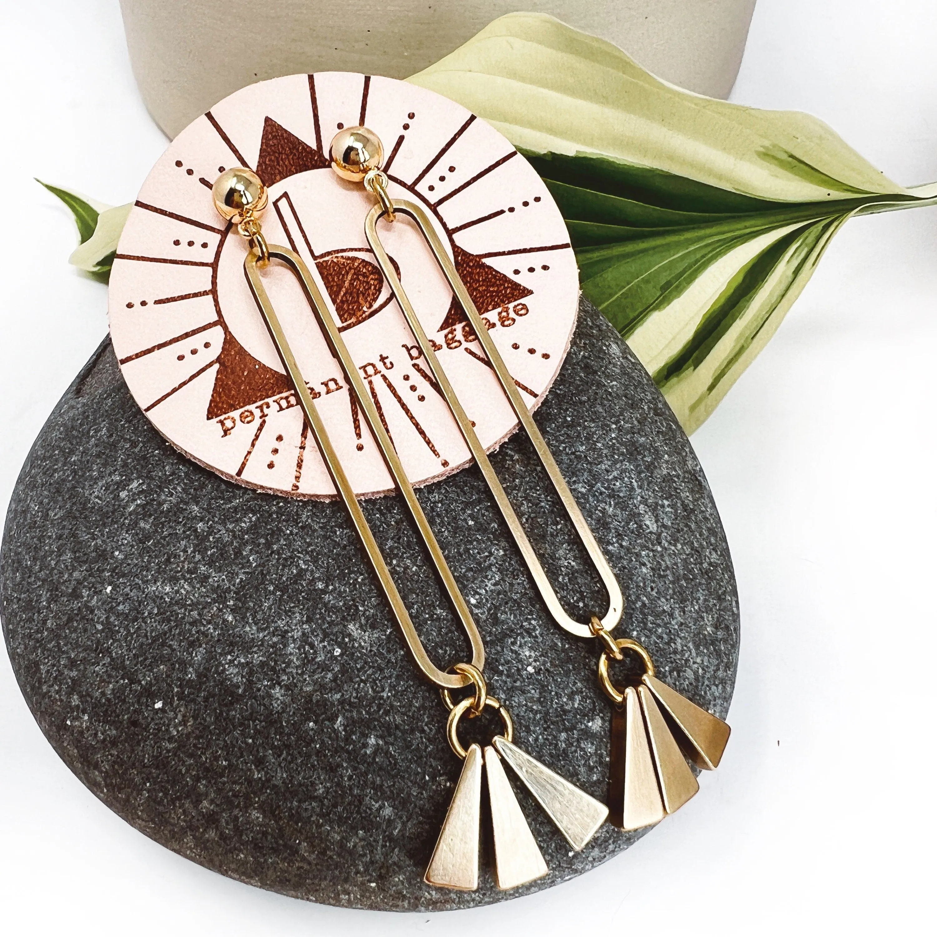 Long Modern Geometric Brass Dangle Earrings