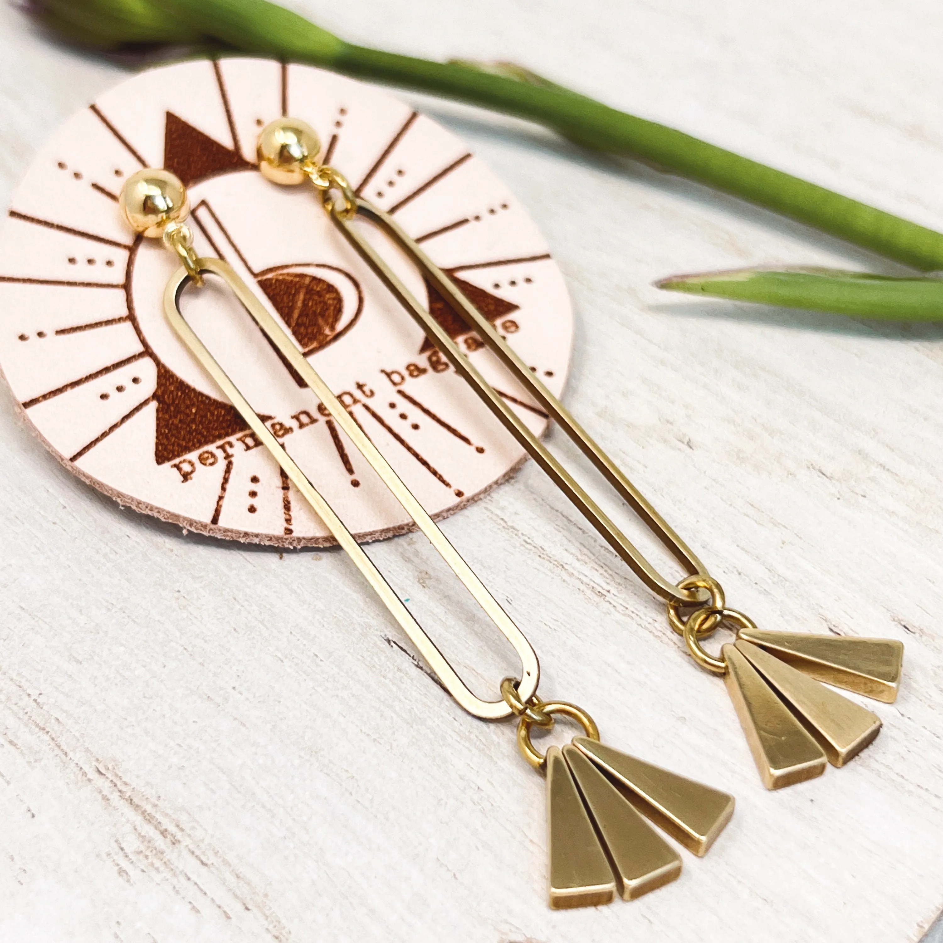 Long Modern Geometric Brass Dangle Earrings