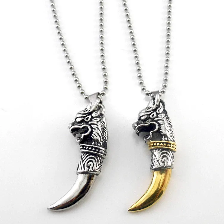 Men' Jewelry Antique Silver Tribal Stark Wolf Fang Tooth Pendant Necklace Vintage Wolf Tooth Dragon Titanium Pendant Necklace