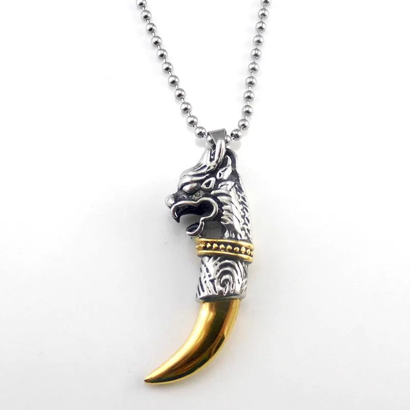 Men' Jewelry Antique Silver Tribal Stark Wolf Fang Tooth Pendant Necklace Vintage Wolf Tooth Dragon Titanium Pendant Necklace