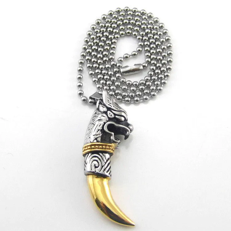 Men' Jewelry Antique Silver Tribal Stark Wolf Fang Tooth Pendant Necklace Vintage Wolf Tooth Dragon Titanium Pendant Necklace