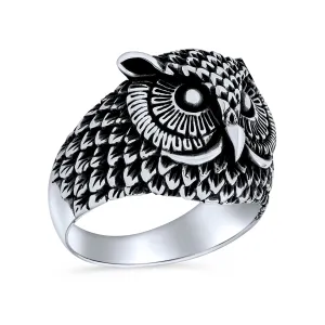 Mens Silver Ring: Oxidized .925 Sterling Silver Night Owl Band for Men