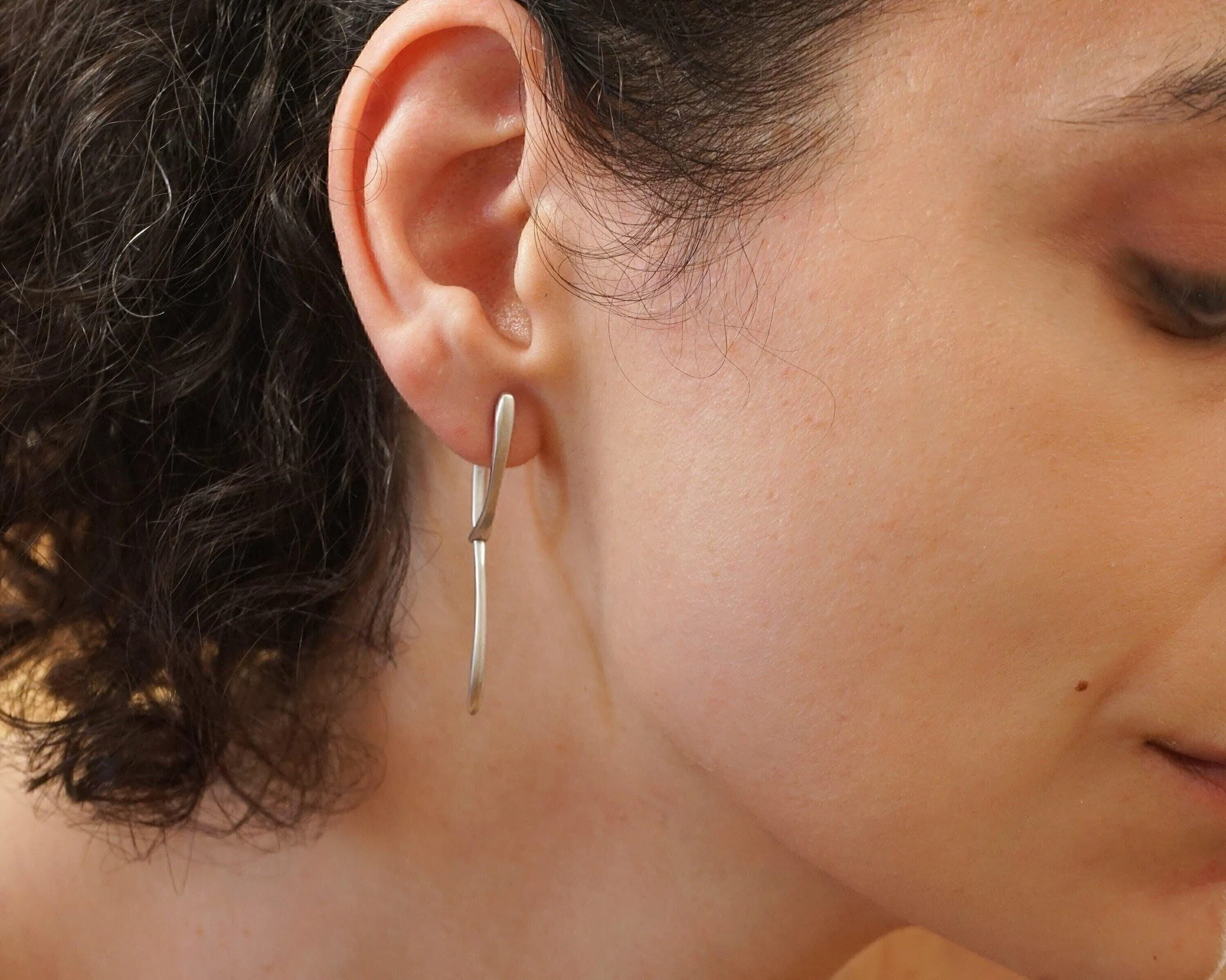 Modern Silver Long Curved Earrings