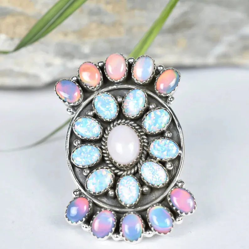 Native American Aurora & White Opal Cluster Rings - 925 Sterling Vintage Silver Rings