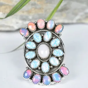 Native American Aurora & White Opal Cluster Rings - 925 Sterling Vintage Silver Rings