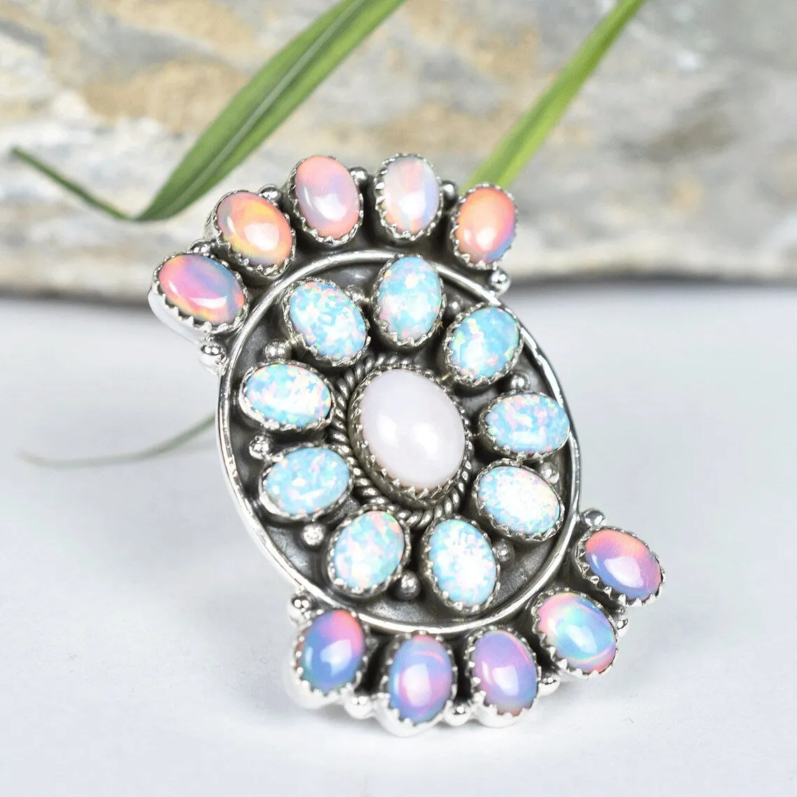 Native American Aurora & White Opal Cluster Rings - 925 Sterling Vintage Silver Rings