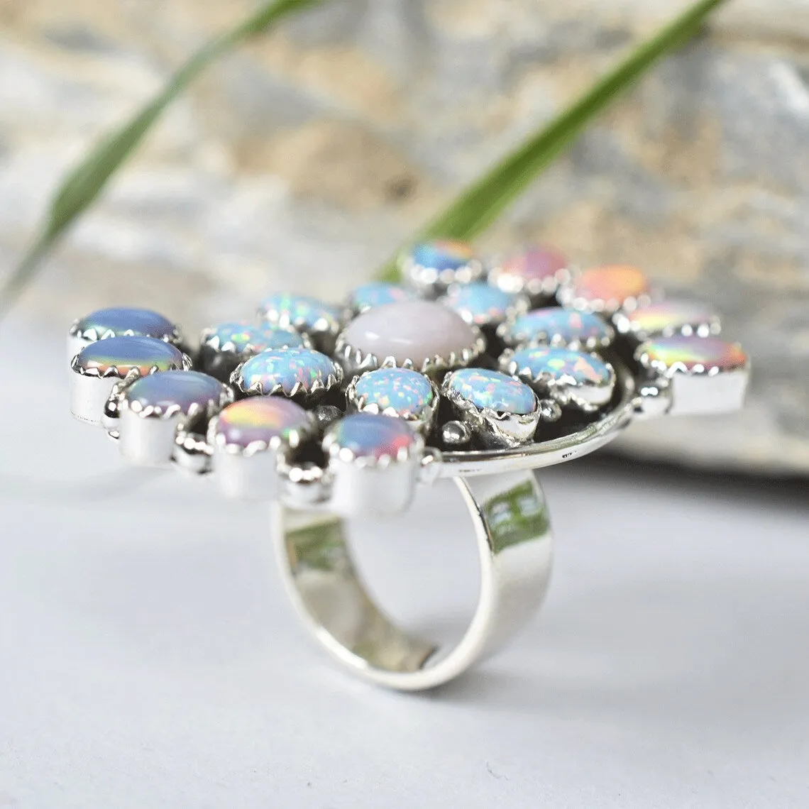 Native American Aurora & White Opal Cluster Rings - 925 Sterling Vintage Silver Rings