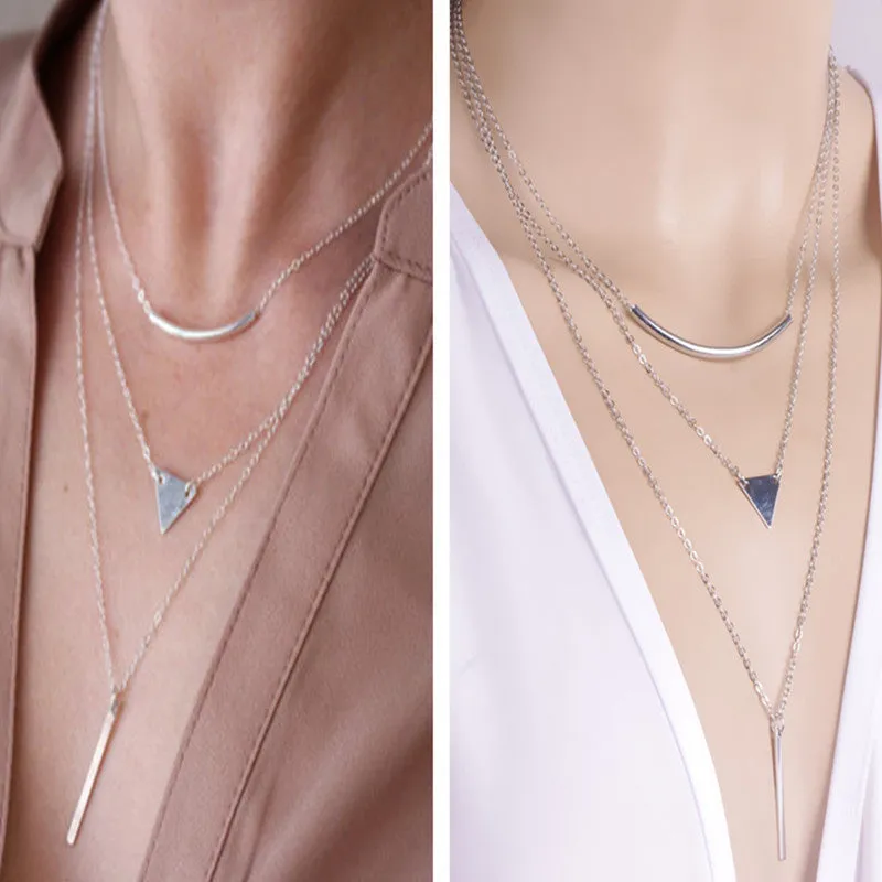 New Fashion Multi layer Geometric Designed Gold Silver Bar Stick Triangle Chain Choker Necklace Pendant