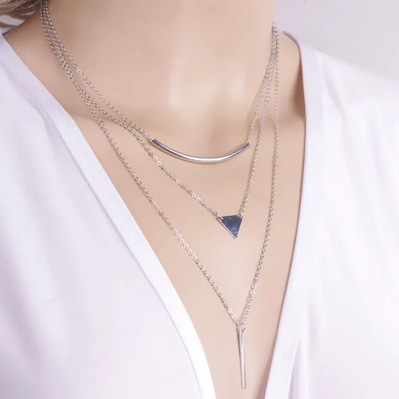 New Fashion Multi layer Geometric Designed Gold Silver Bar Stick Triangle Chain Choker Necklace Pendant