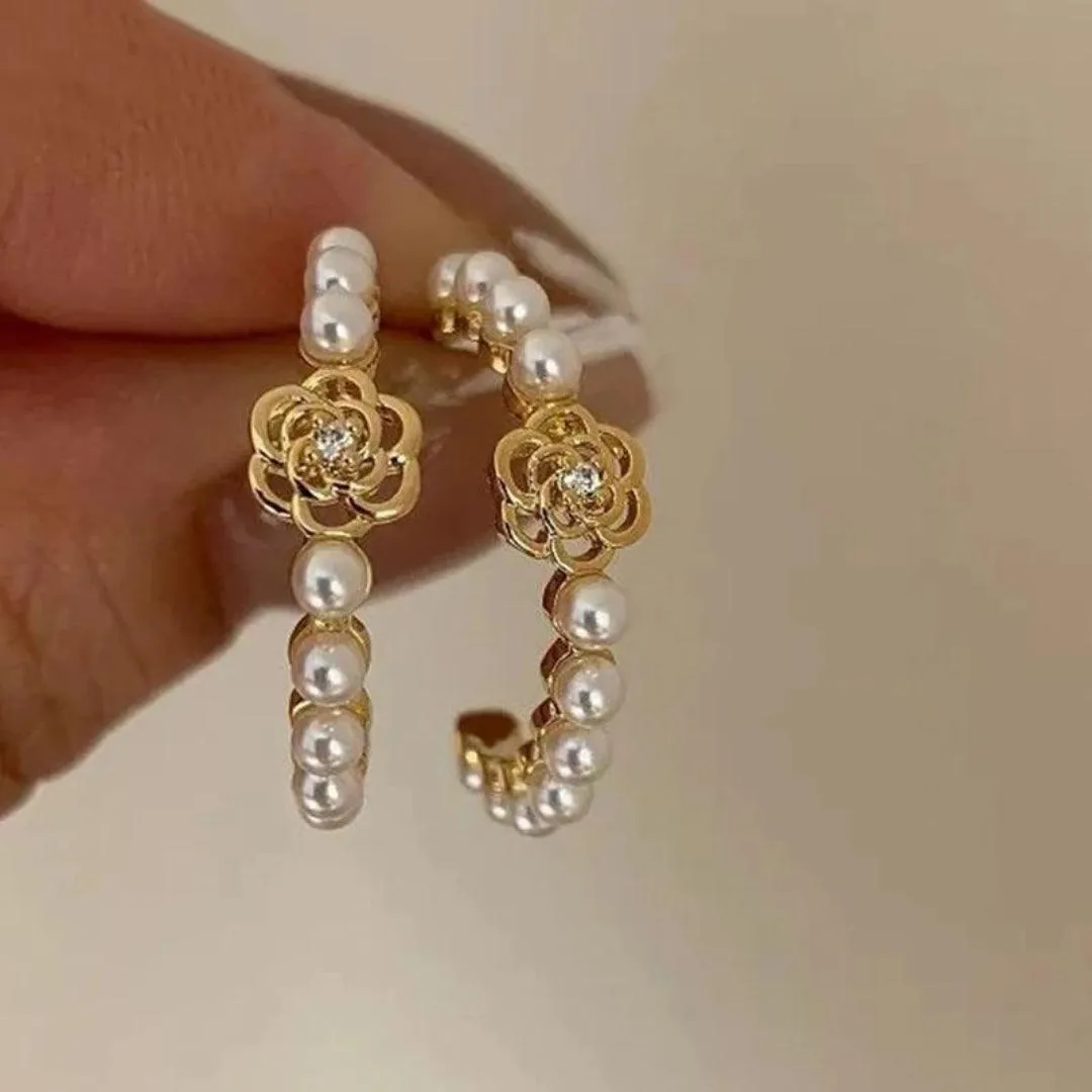 Pearl Wrap Gold Flower Earrings