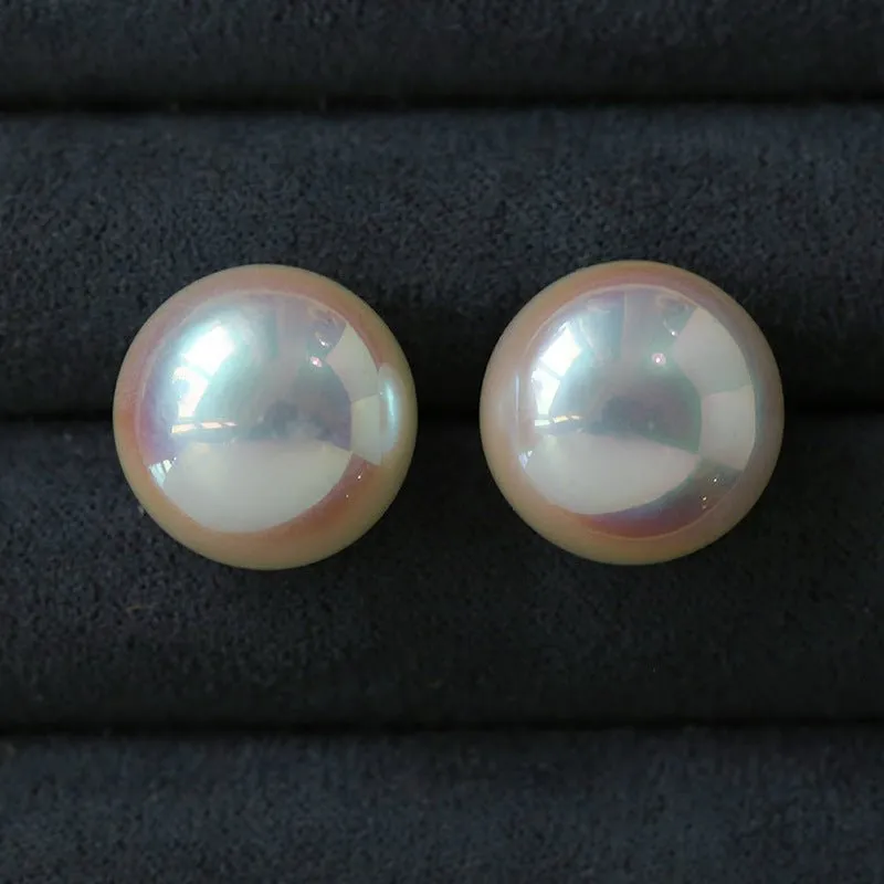 Pink Flat Round Steamed Bun Pearl Earrings