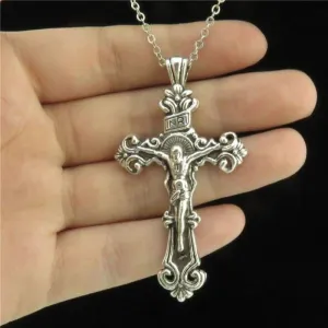 Q4A34 18" Silver Chain Alloy Collar Choker Necklace Flower Jesus Cross Pendant Religious Necklace