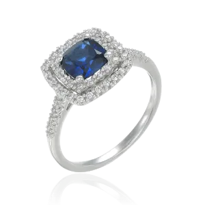 Raised Double Halo Blue Sapphire Ring