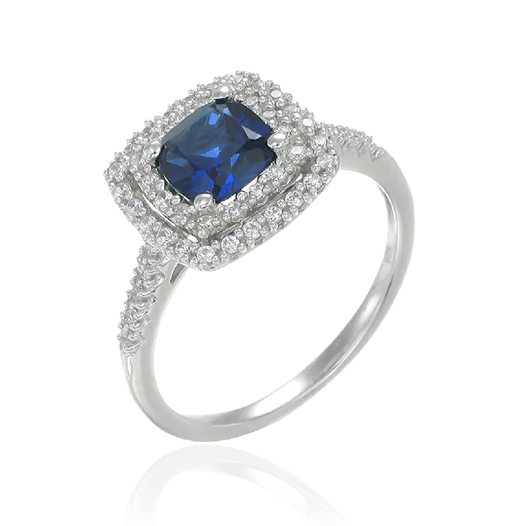 Raised Double Halo Blue Sapphire Ring