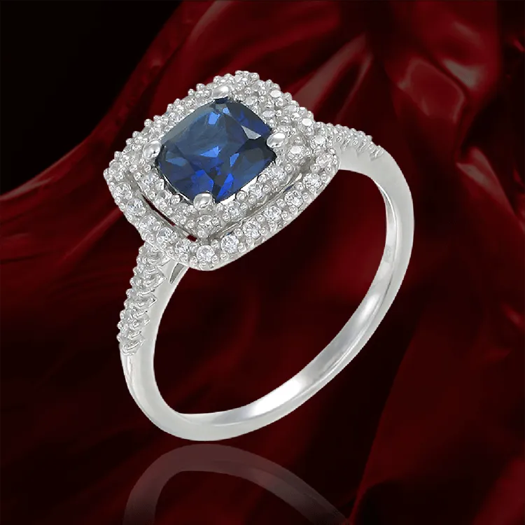 Raised Double Halo Blue Sapphire Ring