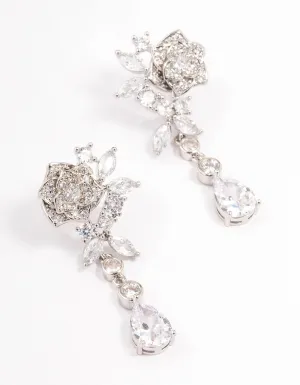 Rhodium Cubic Zirconia Flower Diamante Drop Earrings