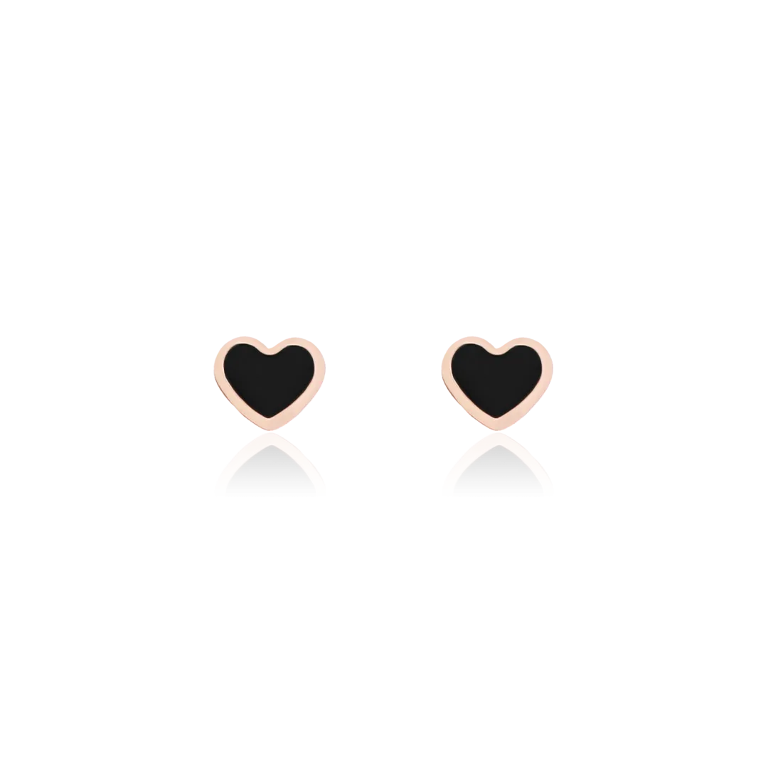 Rose gold coloured/black stud earrings with a black heart