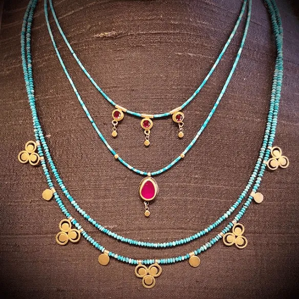 Ruby Disk and Turquoise Beaded Necklace