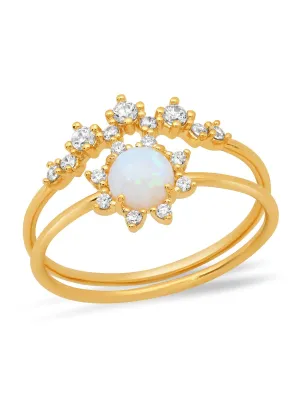 Set of 2 Gold Rings, Clear CZ Crown with Mini Opal Sun