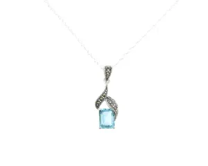 Silver Marcasite Art Deco Pendant Necklace Blue Topaz Crystal Vintage Wedding Bridal Bridesmaid