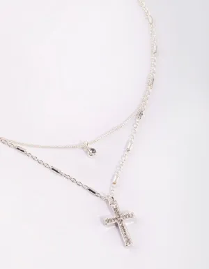 Silver Short Diamante Cross 2-Row Necklace