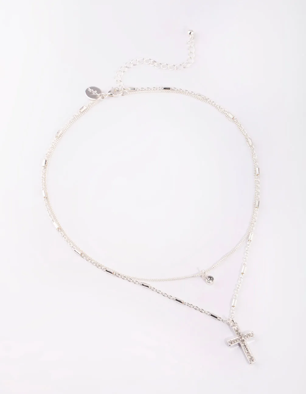 Silver Short Diamante Cross 2-Row Necklace