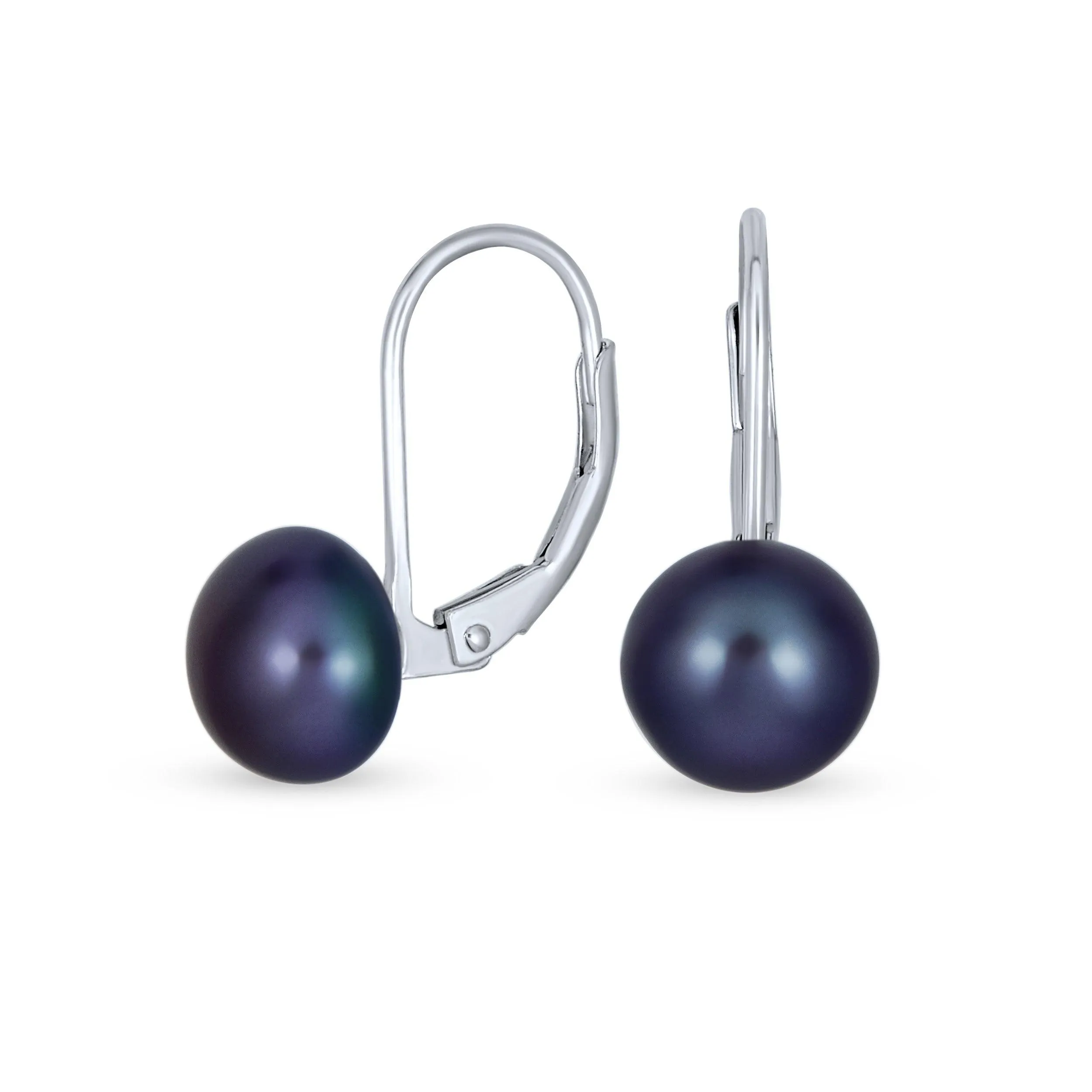 Simple Iridescent Peacock Freshwater Pearl Drop Ball Earrings in Sterling Silver