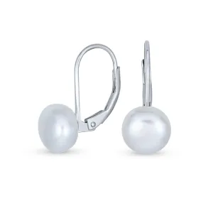 Simple Iridescent Peacock Freshwater Pearl Drop Ball Earrings in Sterling Silver